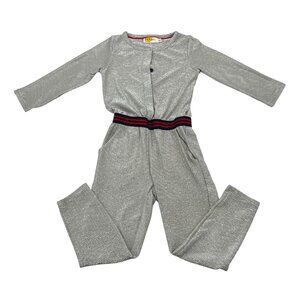 Boden Girls Silver Metallic Long Sleeve Romper With Striped Elastic Waistband